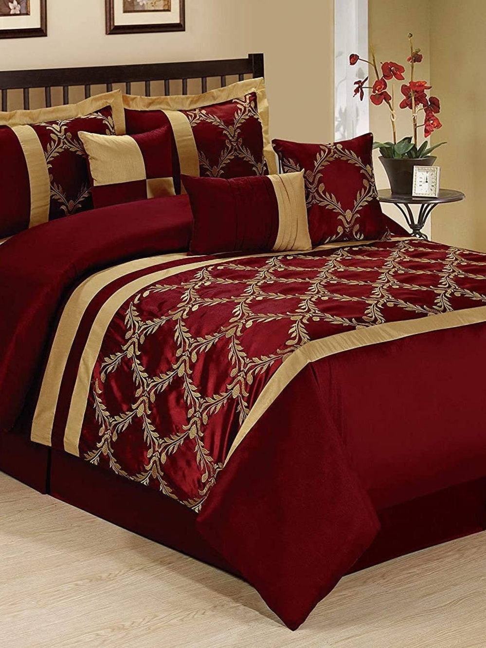 Luxury Burgundy and Gold Embroidered Comforter Set - Home Bedding